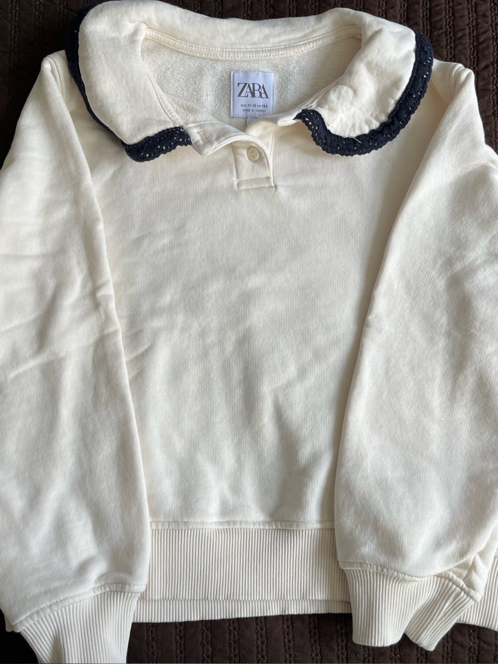 Zara Cream Polo Sweatshirt with Navy Crochet Trim size 11-12